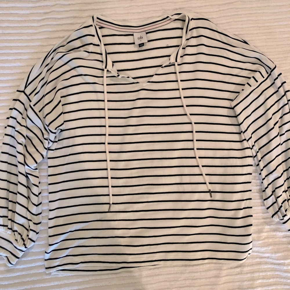 Cabi Long sleeve White and Black Striped Shirt with open-neck tie